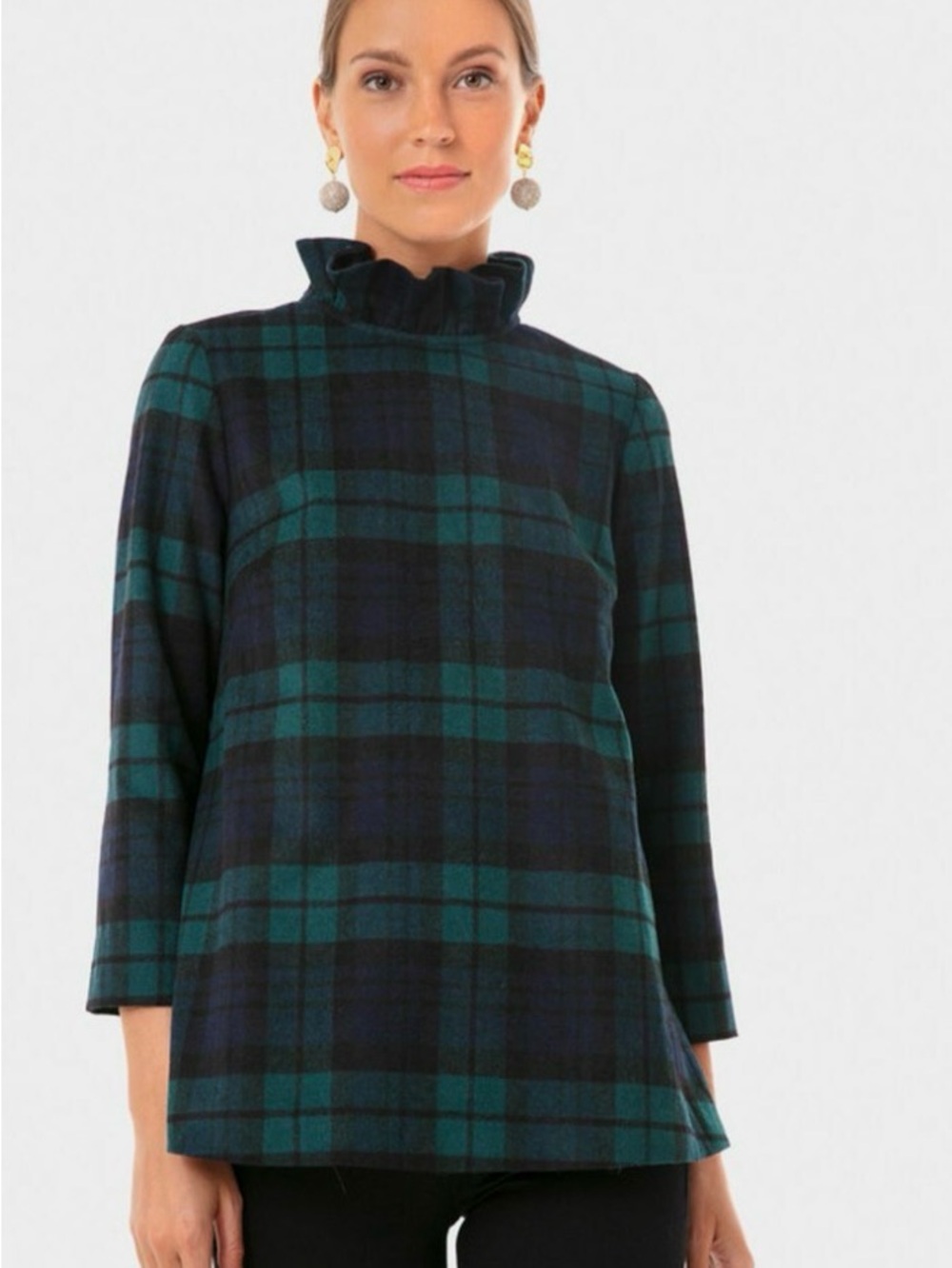 Tuckernuck Black and Green Plaid Ruffle-Neck Tunic